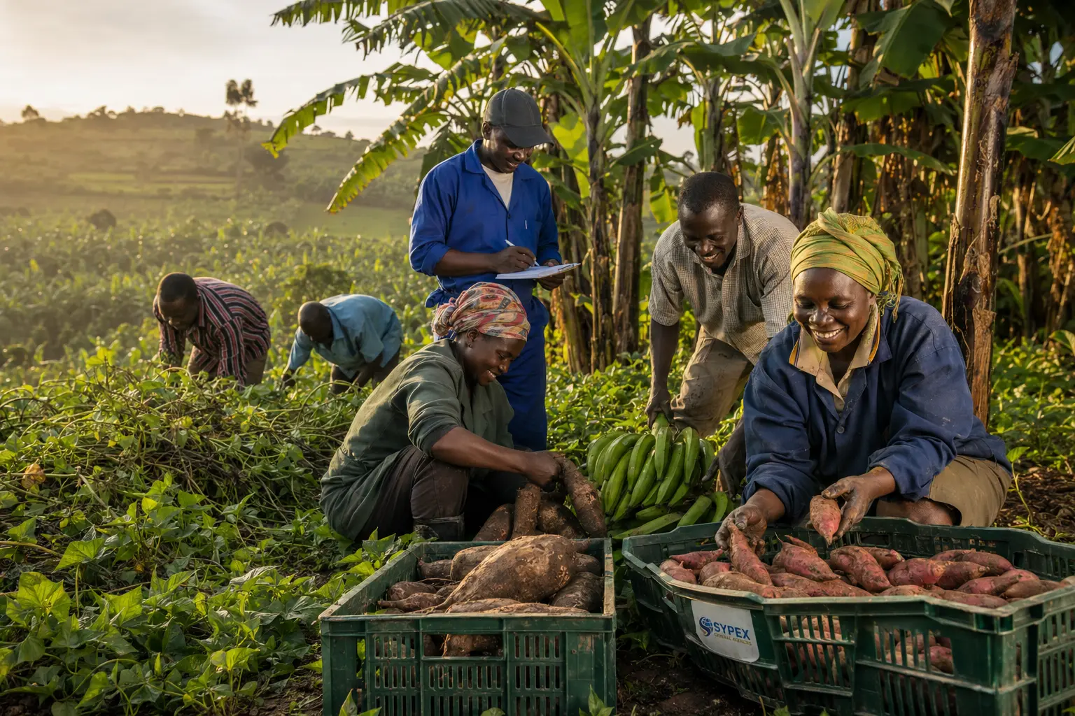 Ugandan farmers harvesting crops